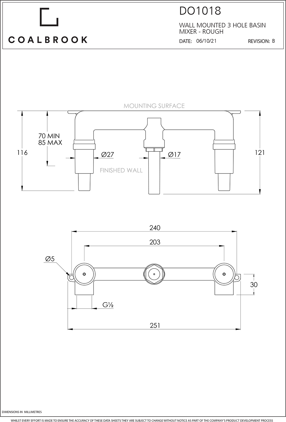 Coalbook Domo 3TH Wall Mounted Basin Mixer with Boss (165mm Spout) DO1018 drawing