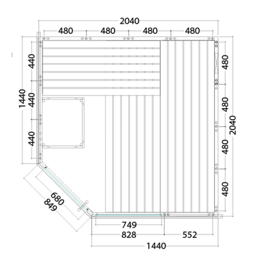 Technical drawing of a rectangular structure with dimensions