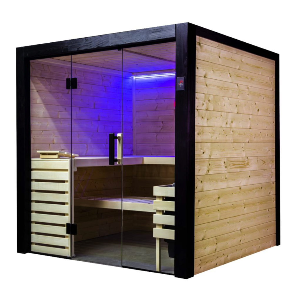 Wooden sauna with glass door and interior lighting on a white background