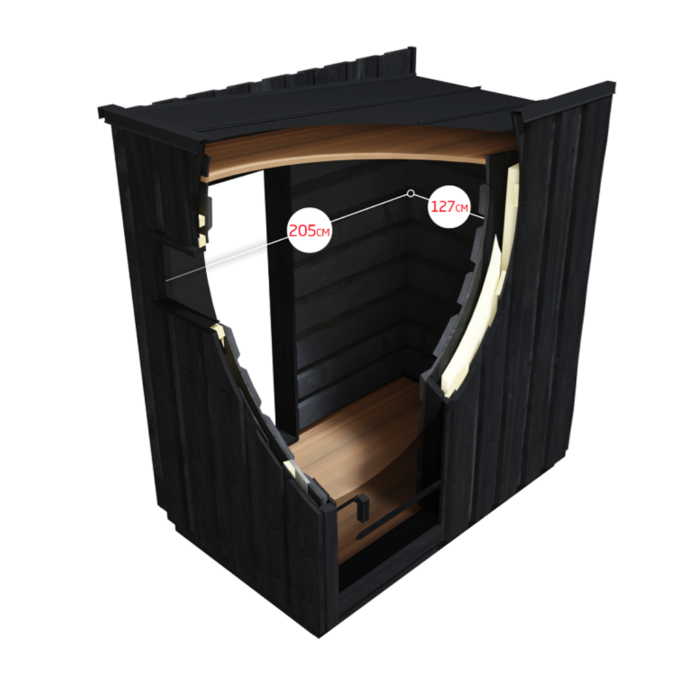 Black soundproofing booth with measurements on a white background