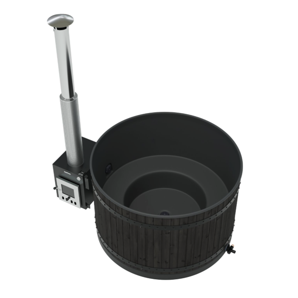 Black hot tub with handheld shower on a white background