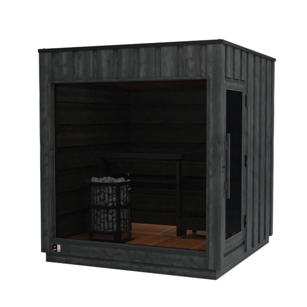 Black wooden dog house with a basket inside on a white background