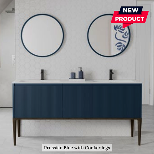 Bathroom vanity with round mirrors and 'New Product' label