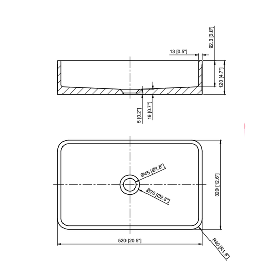 Whitebirk Sink Company Matala Bathroom Sink 520 x 320 x 120mm dim