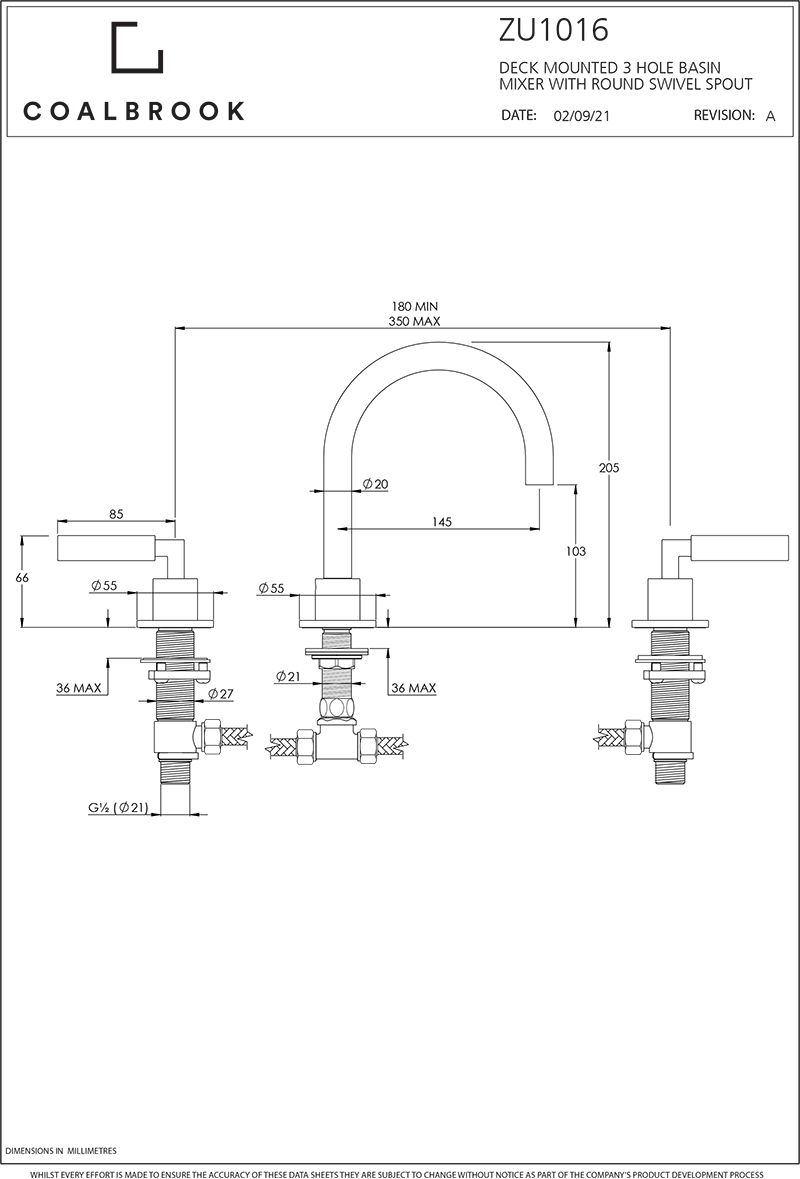 Coalbook Zurich 3th Deck Mounted Basin Mixer Round Swivel Spout ZU1016 drawing
