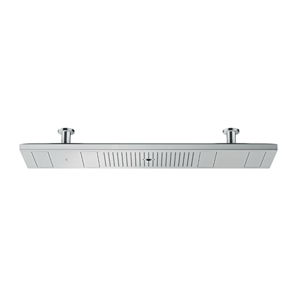 Chrome shower head and rain shower system on a white background