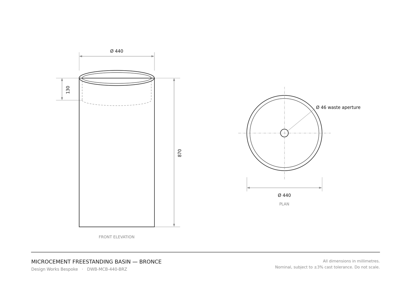 Dimension drawing of the Bronce microcement freestanding basin: 440mm diameter, 870mm high, 130mm bowl depth, 46mm waste aperture