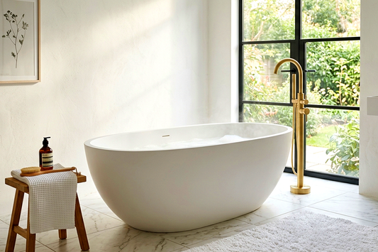 Close up detail of a luxury stone resin freestanding  bath surface texture, warm lighting, premium finish,  photorealistic