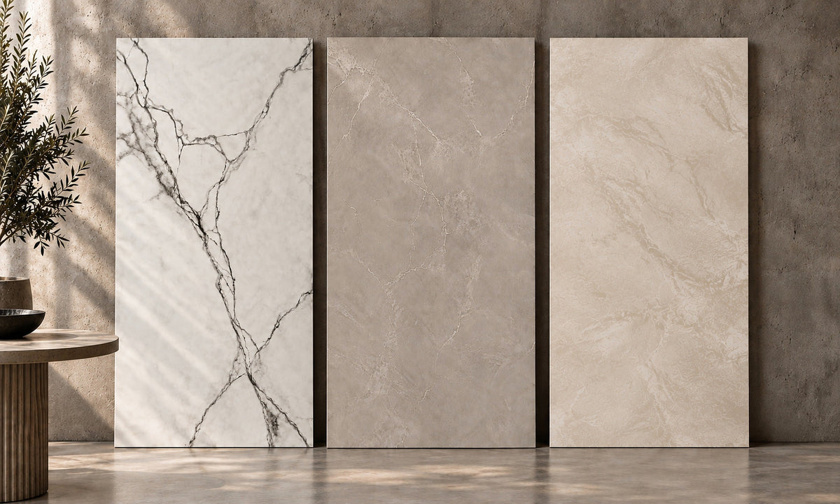 Design Works Bespoke worktops in Prestige, Castle Grey Etched Vein and Microstone Trani Beige