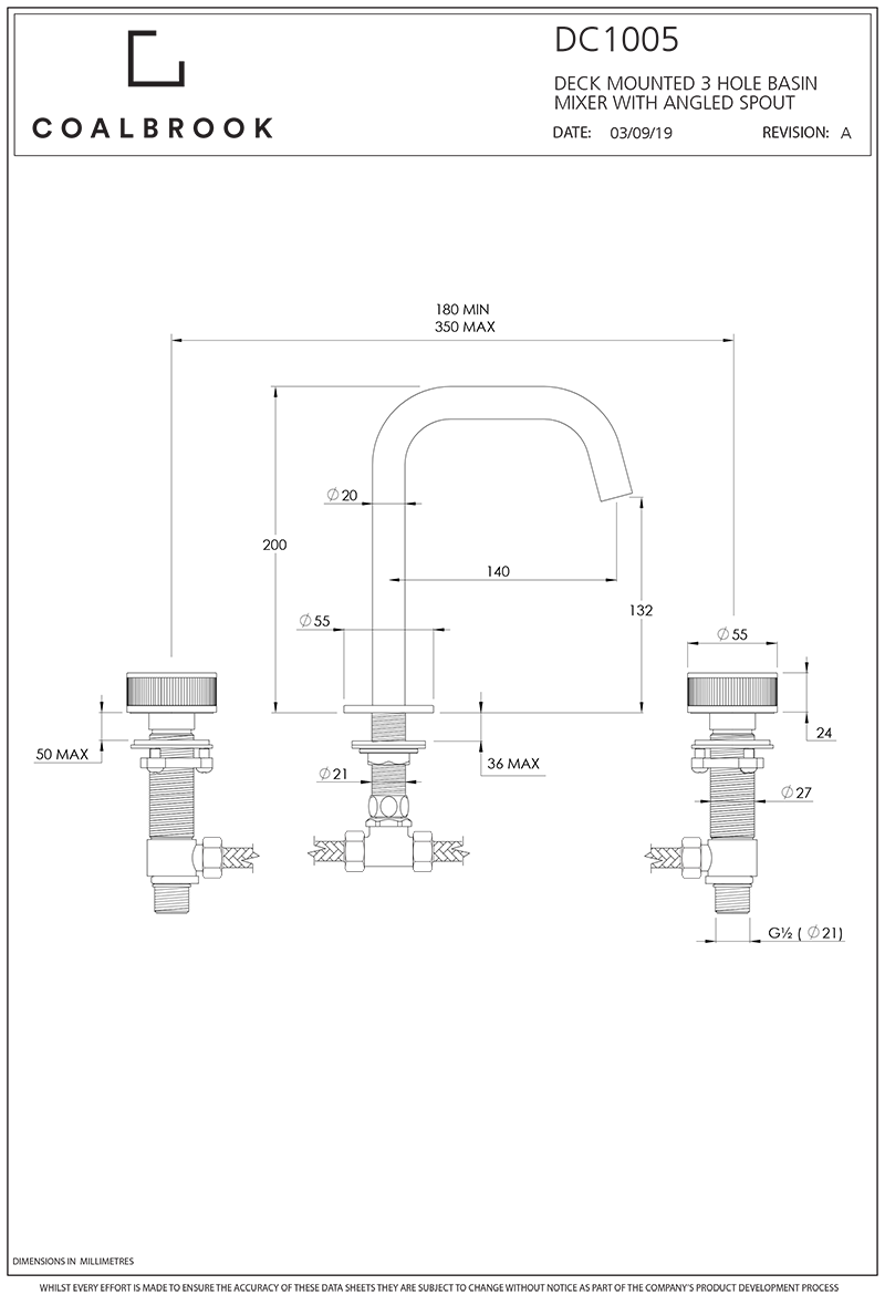 Coalbook Decca 3TH Deck Mounted Basin Mixer Angled Fixed Spout DC1005 drawing