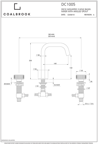 Coalbook Decca 3TH Deck Mounted Basin Mixer Angled Fixed Spout DC1005 drawing