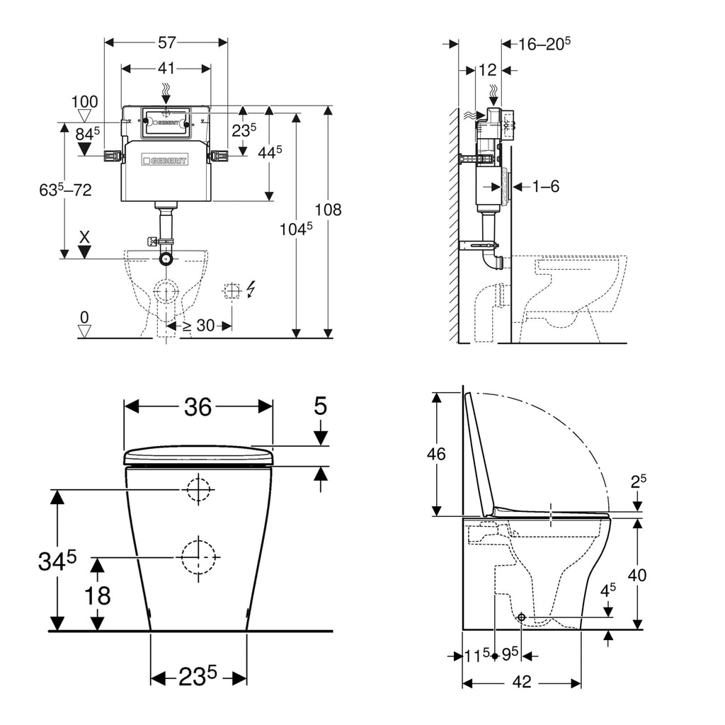 Geberit Back-to-Wall 4-in-1 Pack with Selnova Rimless Pan technical drawing