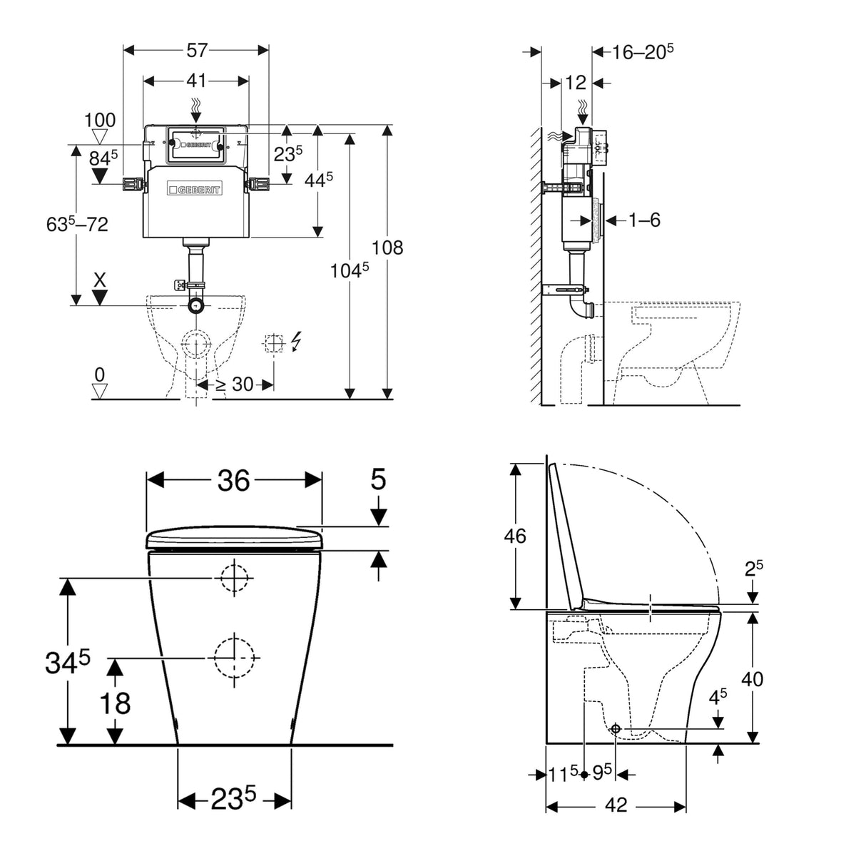 Geberit Back-to-Wall 4-in-1 Pack with Selnova Rimless Pan technical drawing