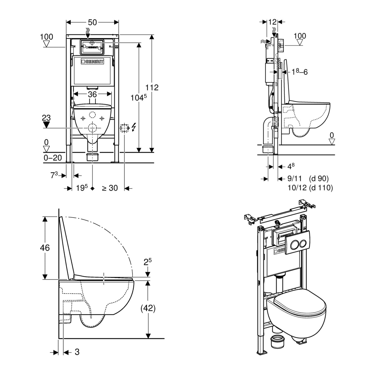 Geberit Wall-Hung 4-in-1 Pack with Selnova Rimless Pan technical drawing
