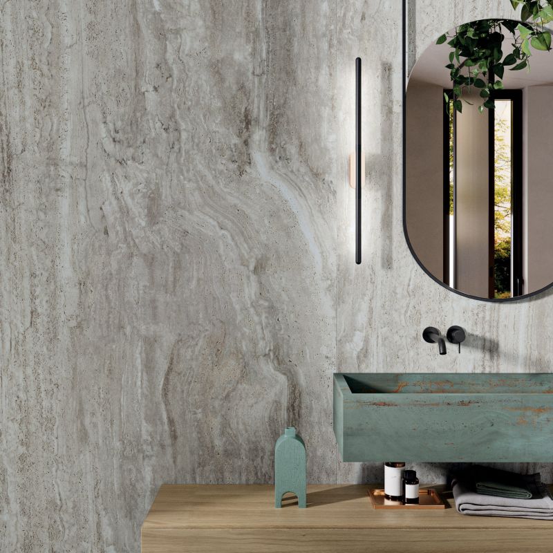 Flaviker Navona Grey Vein 120x280 with Rebel Emerald 120x280 installation