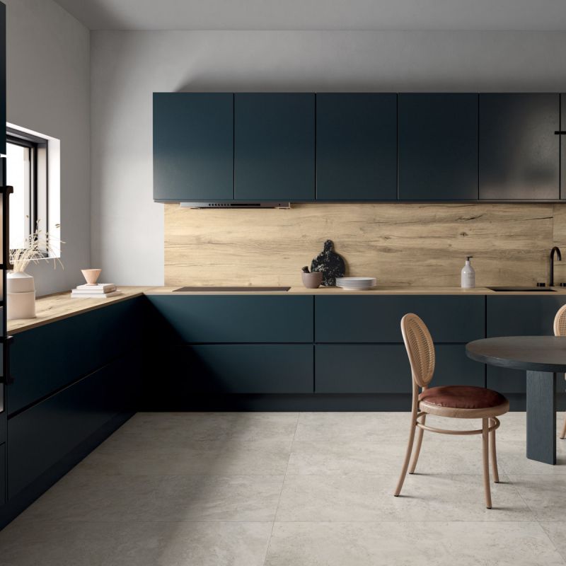 Flaviker Navona Bone Cross 60x120 with Materia Nordik Wood Gold slab installation