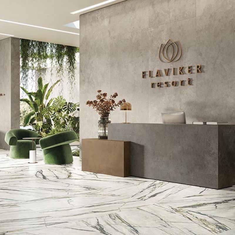 Flaviker Supreme Treasure Calacatta Emerald Nat 120x120 with Hyper Grey and Taupe installation