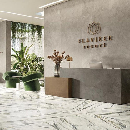 Flaviker Supreme Treasure Calacatta Emerald Nat 120x120 with Hyper Grey and Taupe installation