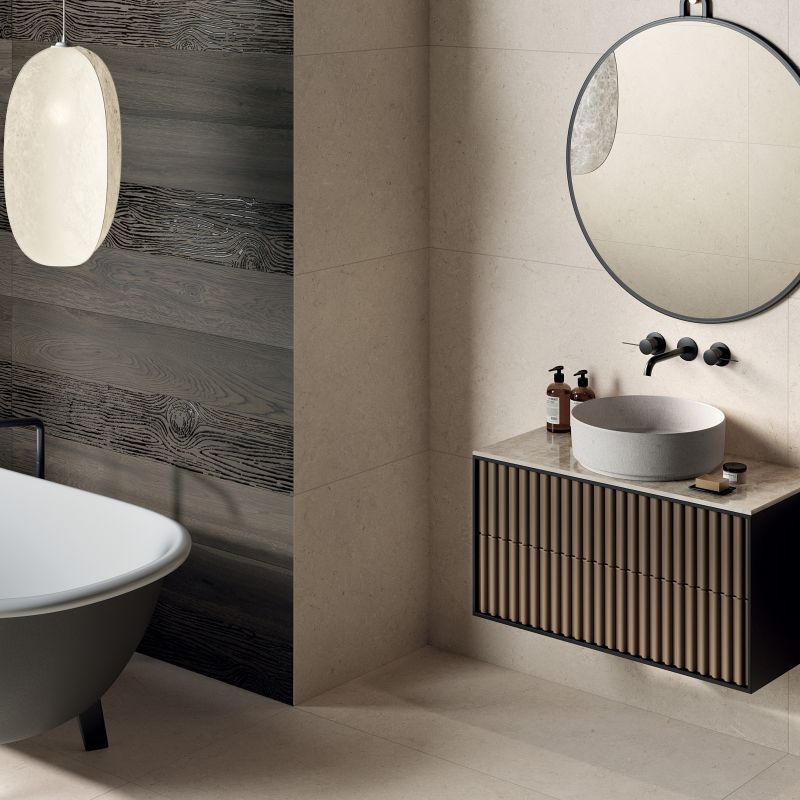 Poetry Stone Trani Ivory 60x120 with Poetry Wood lifestyle