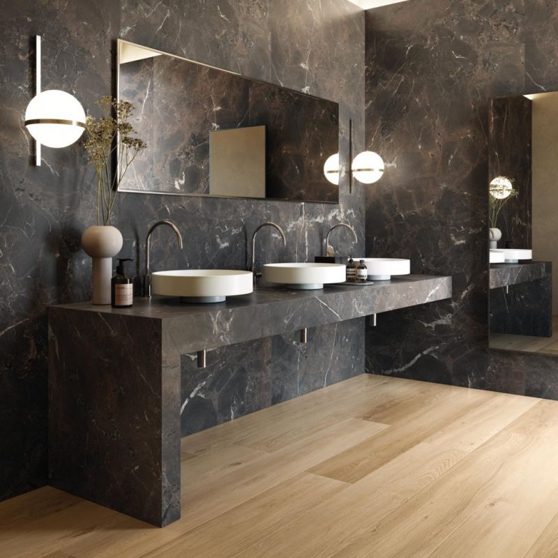 Flaviker Four Seasons Honey 26x200 with Supreme Memories Breccia Imperiale installation