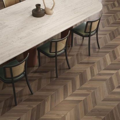 Flaviker Four Seasons Chocolate Chevron with Materia Travertino Navona Bone installation