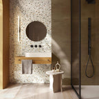 Flaviker Four Seasons Biscuit 20x120 with Art Walls Glass and Rebel Brass installation