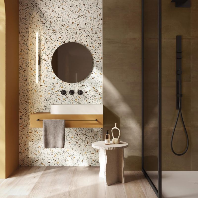 Flaviker Four Seasons Biscuit 20x120 with Art Walls Glass and Rebel Brass installation