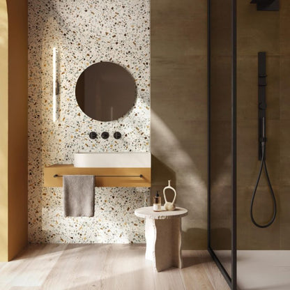 Flaviker Four Seasons Biscuit 20x120 with Art Walls Glass and Rebel Brass installation