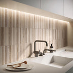 Flaviker Four Seasons Industrial Biscuit 20x120 with Materia White worktop installation