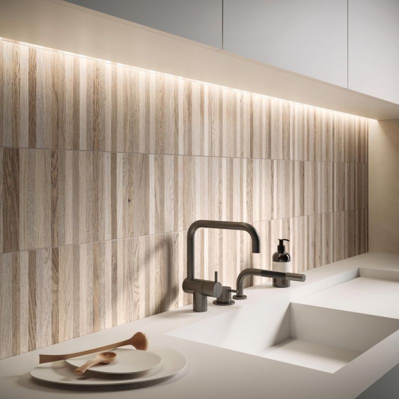 Flaviker Four Seasons Industrial Biscuit 20x120 with Materia White worktop installation