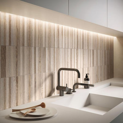 Flaviker Four Seasons Industrial Biscuit 20x120 with Materia White worktop installation