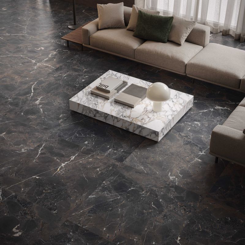 Flaviker Supreme Memories Breccia Imperiale Antique 3D 120x120 with Materia Bianco Vagli installation