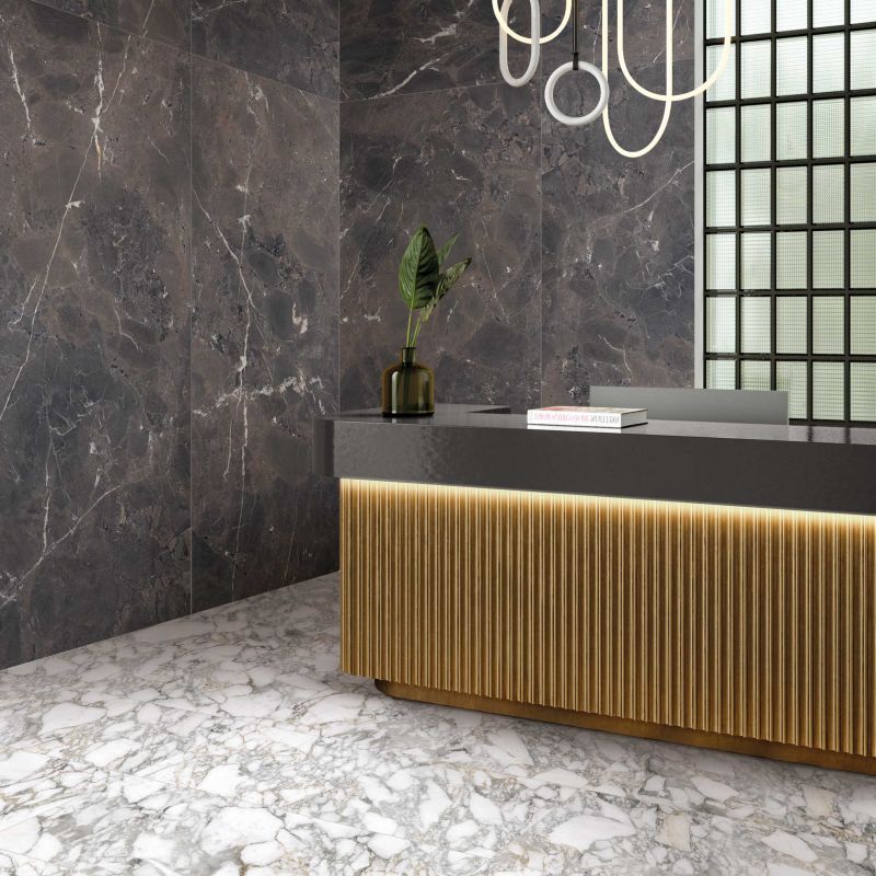 Flaviker Supreme Memories Bianco Vagli Nat 60x120 with Breccia Imperiale 120x280 installation