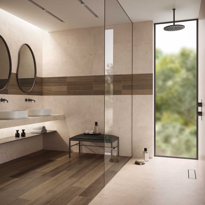 Flaviker Supreme Memories Rosa Perlino Nat 120x280 with Four Seasons Chocolate 20x120 and 10x60 installation