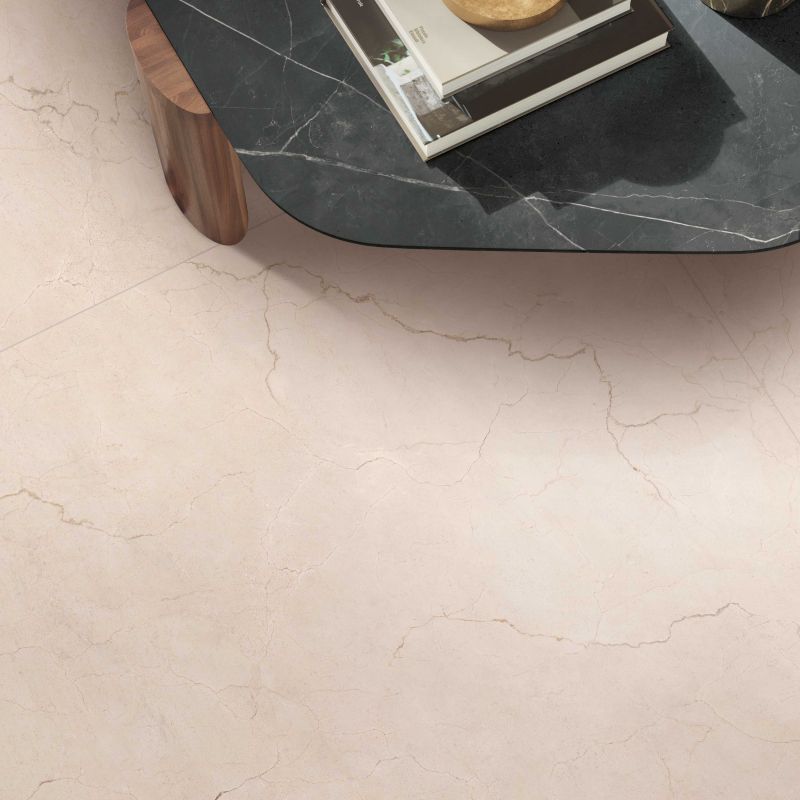 Flaviker Supreme Memories Rosa Perlino Nat 120x120 with Materia Dark Stone worktop installation