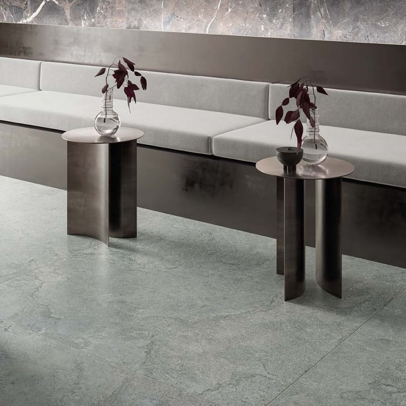 Flaviker Double Plain Mint Nat 120x120 with Supreme Memories Breccia Imperiale installation