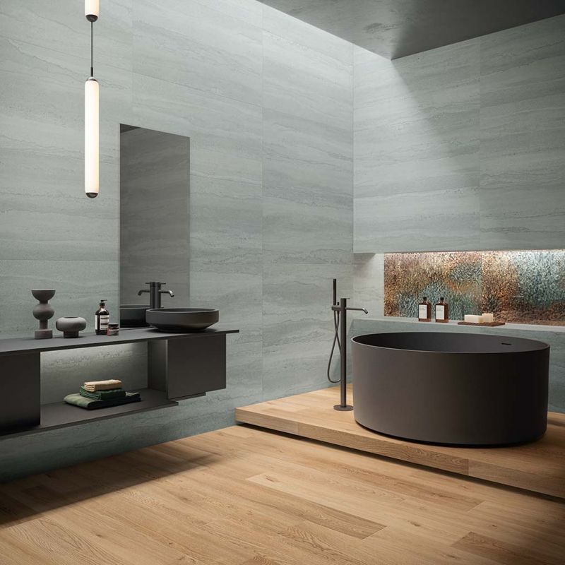 Flaviker Double Linear Mint Nat 60x120 with Four Seasons Honey 20x120 installation