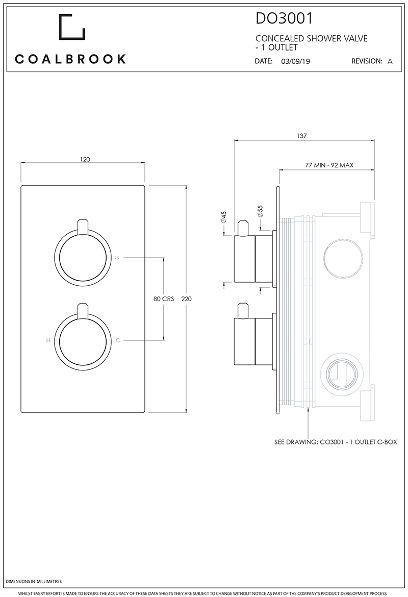 Concealed Shower Valve Trimset 1 Outlet DO3001 including C-Box CO3001 drawing