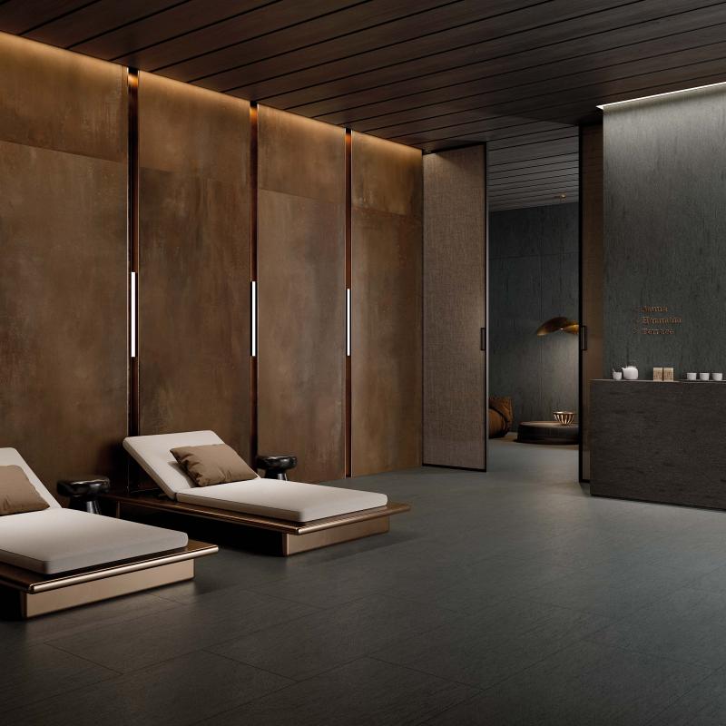 Poetry Stone Reloaded Basaltina Dark 120x280 and 60x120 lifestyle