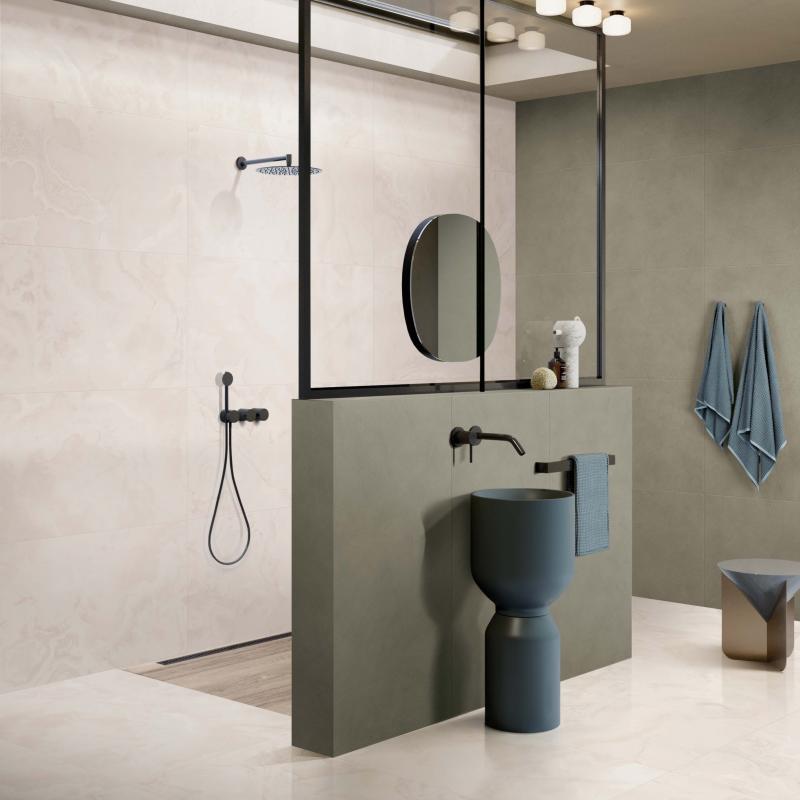 Flaviker Supreme Hedonism Pure Onyx Lux 60x120 with Palette Mud 60x120 installation