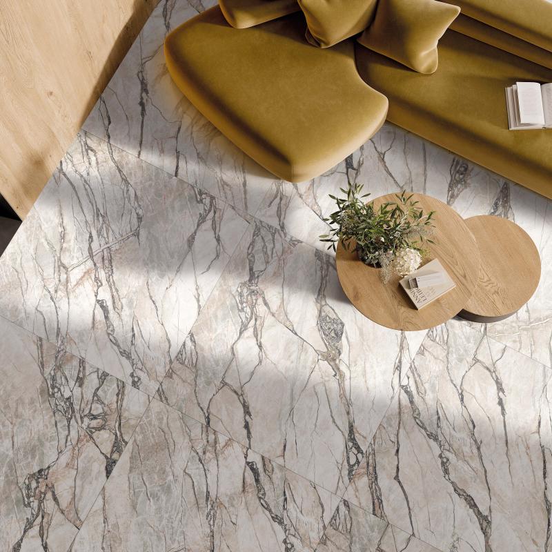 Flaviker Supreme Hedonism Quarzite Sky Lux 3D 120x120 with Four Seasons Honey 120x280 installation