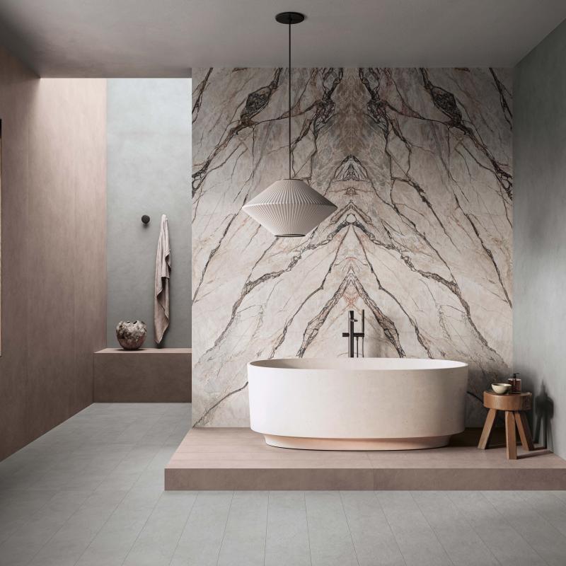 Flaviker Supreme Hedonism Quarzite Sky Soft 3D 120x280 with Palette Concrete and Bark installation