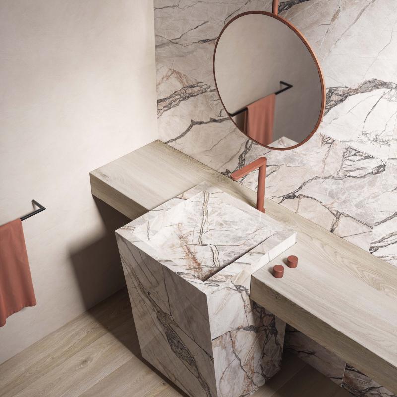 Flaviker Supreme Hedonism Quarzite Sky Nat 60x120 with Palette Sand 60x120 installation