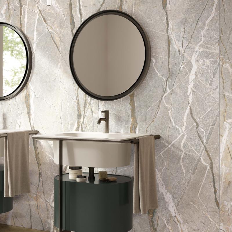 Flaviker Supreme Hedonism Silver Roots Soft 3D 120x280 with Four Seasons Honey 20x120 installation