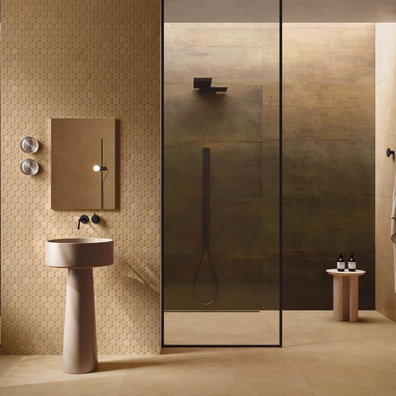 Flaviker Palette Mou 60x120 with Confetti mosaic and Rebel Brass 60x120 installation