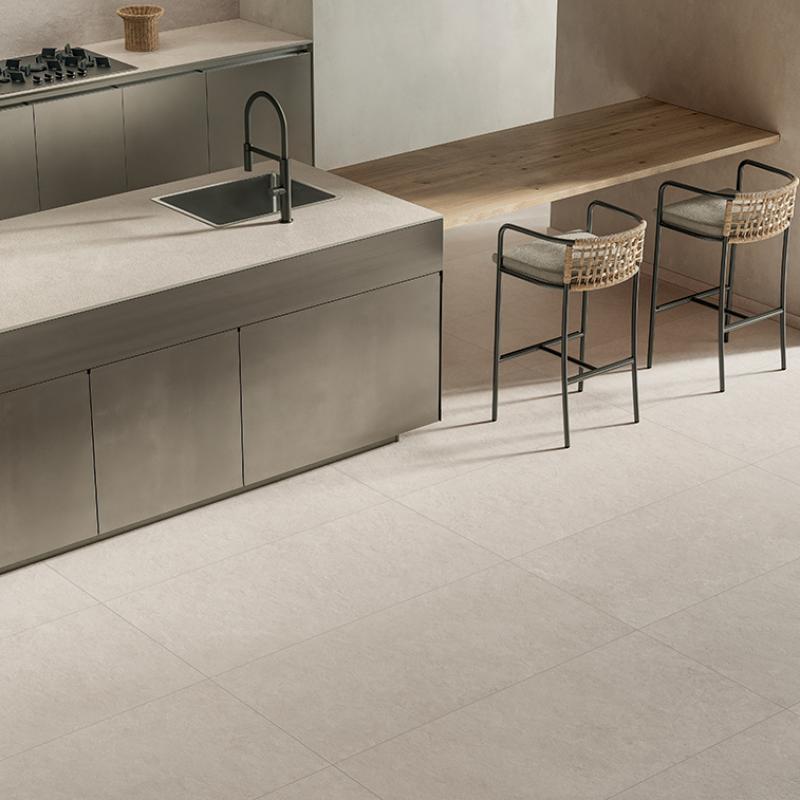 Flaviker Midi Nature Ivoire 60x120 with Materia Pierre Ivoire worktop installation
