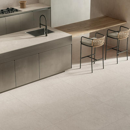 Flaviker Midi Nature Ivoire 60x120 with Materia Pierre Ivoire worktop installation