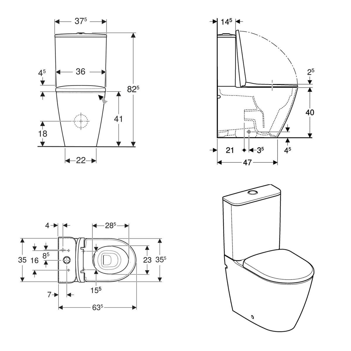 Geberit Smyle 3-in-1 Rimless Close-Coupled Toilet Pack technical drawing