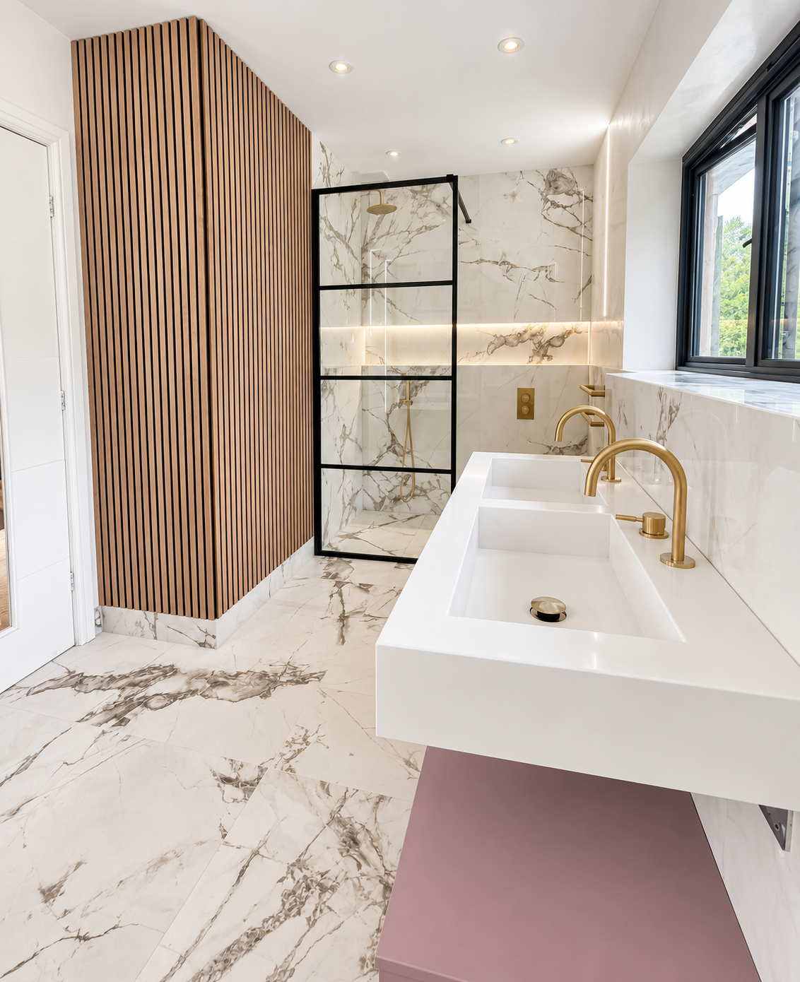 Another view of the marble and blush en-suite