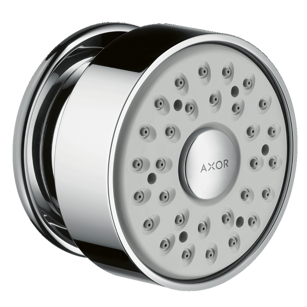 Chrome shower head with 'Axor' branding on a white background